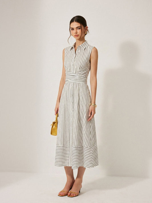 Striped Collared Sleeveless Tie Waist Midi Dress