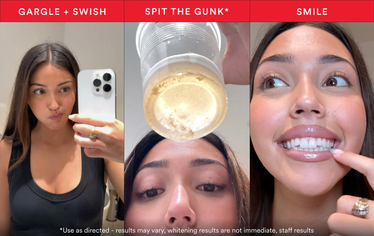 Using Velia: rinse, spit out plaque, smile